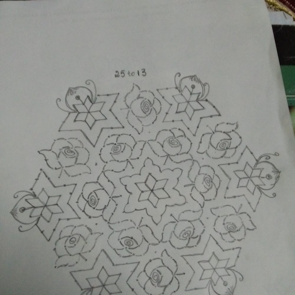 Pink rose Kolam || 25 dots Big kolam for contest