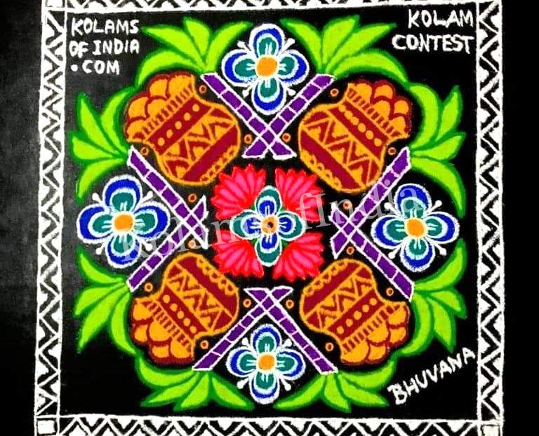 Pongal kolams apt for Pongal festival with pongal pots and sugarcanes