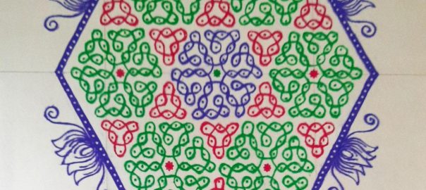 21 Dots chikku kolam with lotus borders